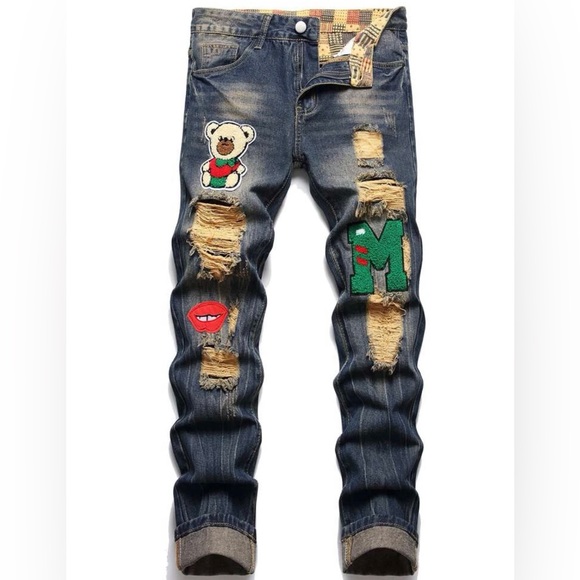 Mens distressed slim straight washed jeans dark denim patch ripped denim bear - Picture 5 of 5